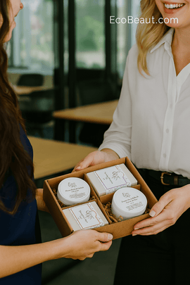 Woman gifting EcoBeaut.com organic skincare set with soaps and sugar scrubs to colleague at work, luxury eco-friendly gift exchange in office