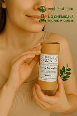 Woman holding Butter Me Up Organics Organic Lotion Bar near her shoulder in a cozy setting. Product labeled as organic and chemical-free, with ecobeaut.com branding in the top right corner.