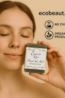 Woman holding Dead Sea Mud Shampoo Bar next to her face with ecobeaut.com, No Chemicals, Organic Products labels in the top right corner.