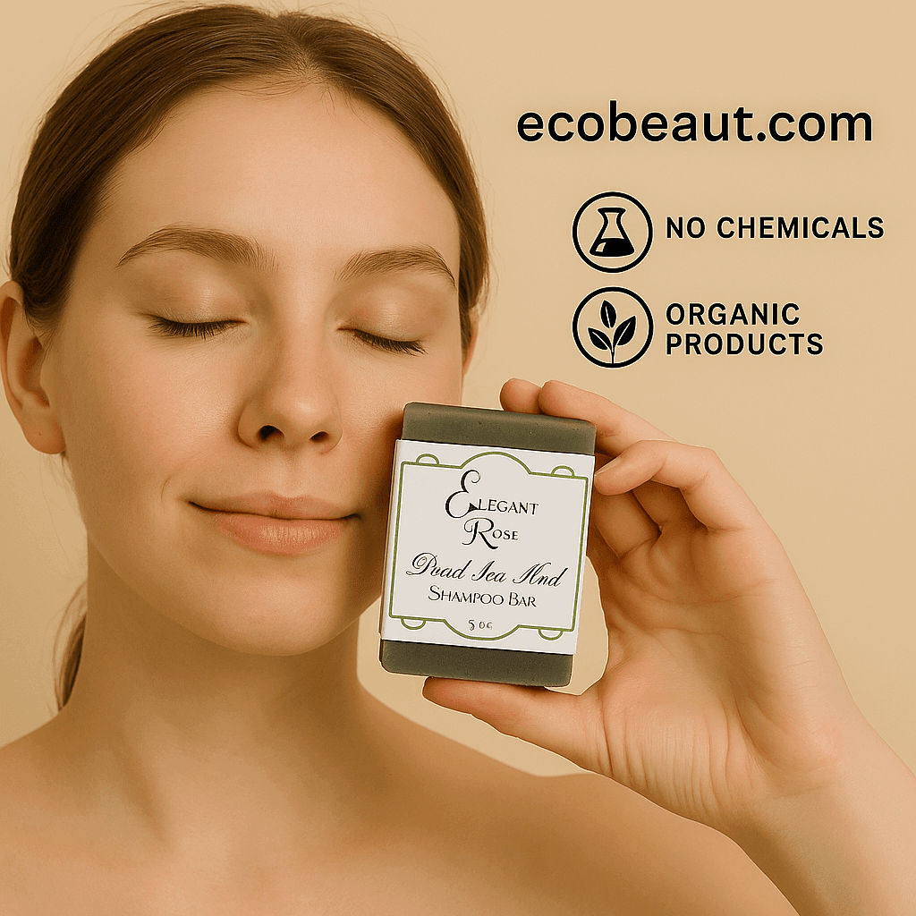 Woman holding Dead Sea Mud Shampoo Bar next to her face with ecobeaut.com, No Chemicals, Organic Products labels in the top right corner.