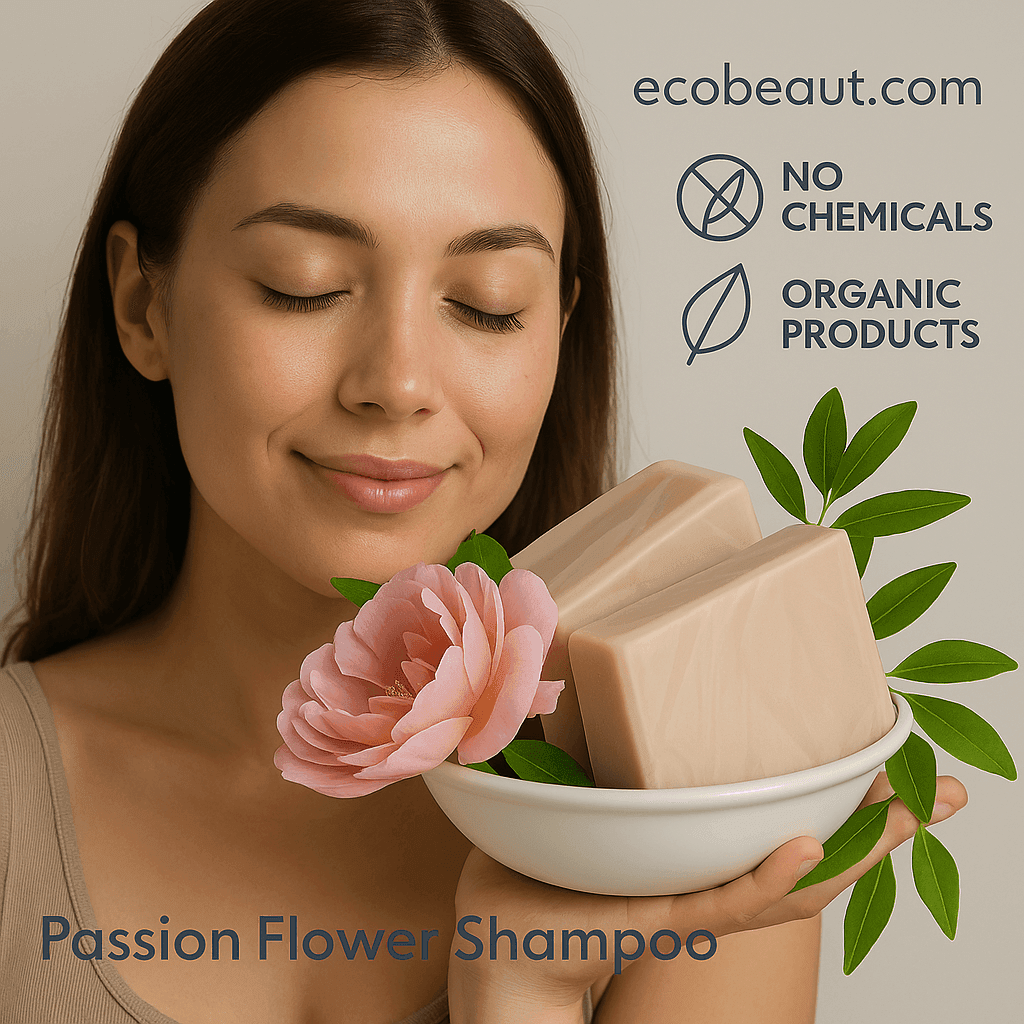 Woman holding Passion Flower Shampoo Bars with pink flower and green leaves, labeled ecobeaut.com, No Chemicals, Organic Products in the top right corner.