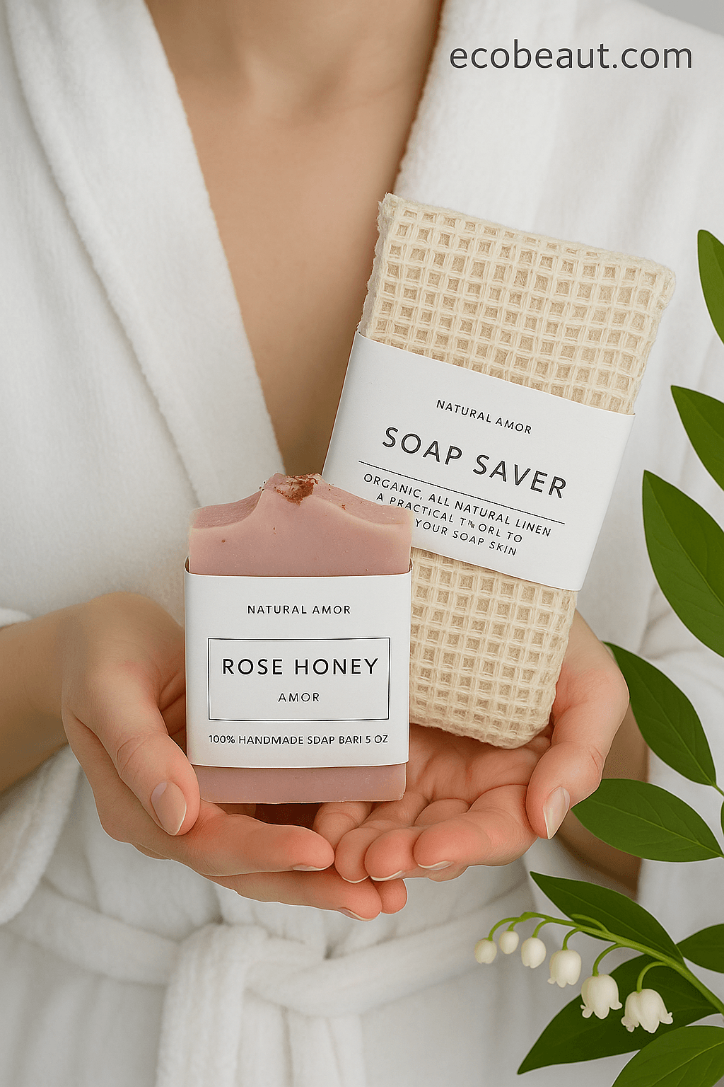 Woman holding a Simple Care Package Gift Box from ecobeaut.com featuring Rose Honey handmade soap and a natural linen soap saver