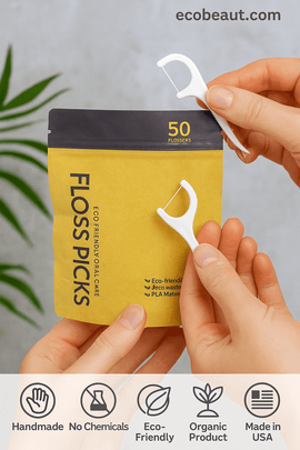 Woman holding a pack of eco-friendly floss picks made from PLA material – organic, no chemicals, Made in USA – ecobeaut.com