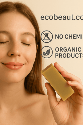 Woman holding natural shampoo bar with ecobeaut.com, No Chemicals, Organic Products labels in the background.