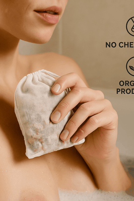 Woman in bath holding muslin bag of sensual herbal bath tea with rose petals and jasmine – eco-conscious self-care, ecobeaut.com