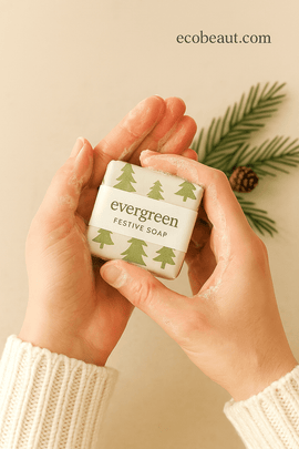 Woman lathering with Evergreen festive bath cube – holiday soap with pine scent from ecobeaut.com