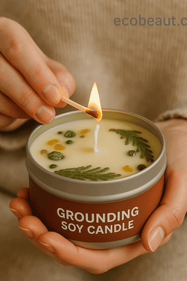 Woman lighting grounding soy candle with crystals and essential oils – relaxing aromatherapy moment from ecobeaut.com
