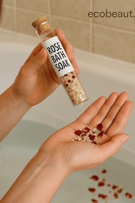 Woman pouring rose bath soak into hand over a bathtub – natural bath ritual with organic rose petals by ecobeaut.com