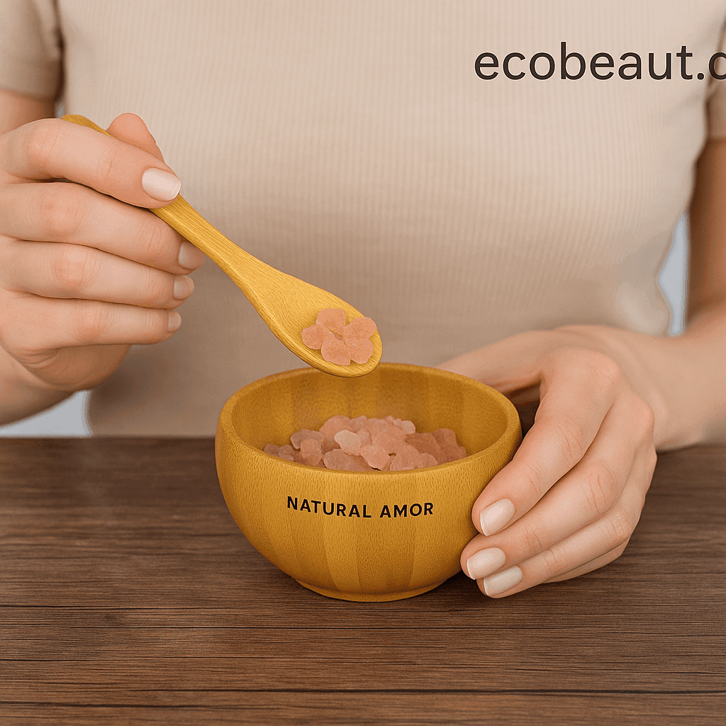 Woman's hands using a NATURAL AMOR bamboo spoon with Himalayan salt from a matching bowl — eco-friendly skincare by ecobeaut.com