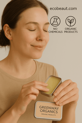 Woman smiling and applying Greenway Organics balm to her hand with eco-friendly branding above.