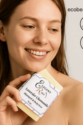 Woman smiling and holding Lavender Chamomile Shampoo Bar with ecobeaut.com, No Chemicals, Organic Products labels in the top right corner.