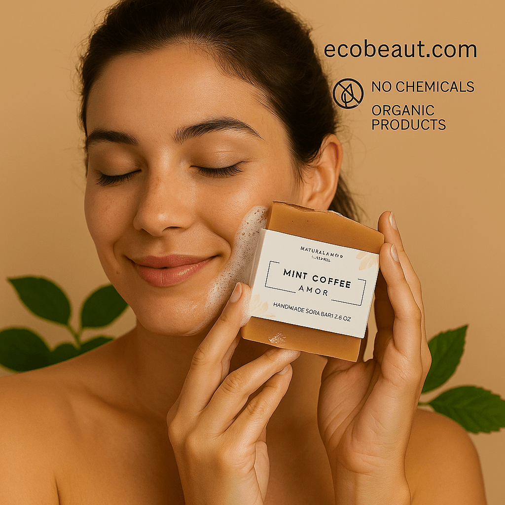 Woman smiling with eyes closed while lathering Mint Coffee Amor soap from ecobeaut.com on her cheek, with “NO CHEMICALS” and “ORGANIC PRODUCTS” icons in the top right corner.