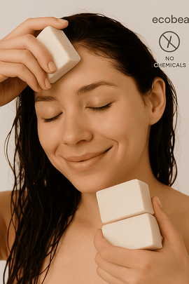 Woman using Peppermint Eucalyptus Shampoo Bar with ecobeaut.com, No Chemicals, Organic Products labels in the top right corner.