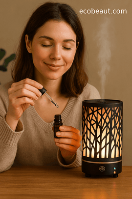 Woman using essential oil diffuser, holding a dropper bottle next to a glowing metal diffuser, with ecobeaut.com branding and visible steam