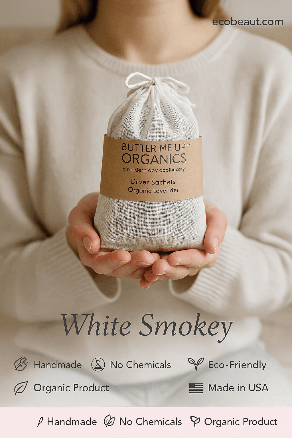 Woman using natural lavender dryer sachets in laundry room – Sustainable, Handmade, Chemical-Free, Organic Product, Made in USA – ecobeaut.com