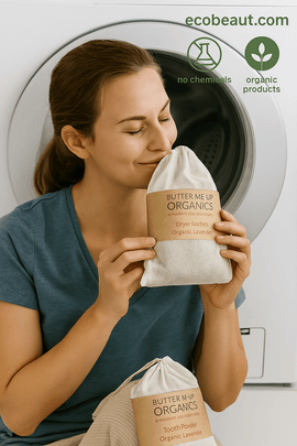 Woman using organic lavender dryer sachets by Butter Me Up Organics during laundry routine – natural, chemical-free freshness, eco-friendly product at ecobeaut.com