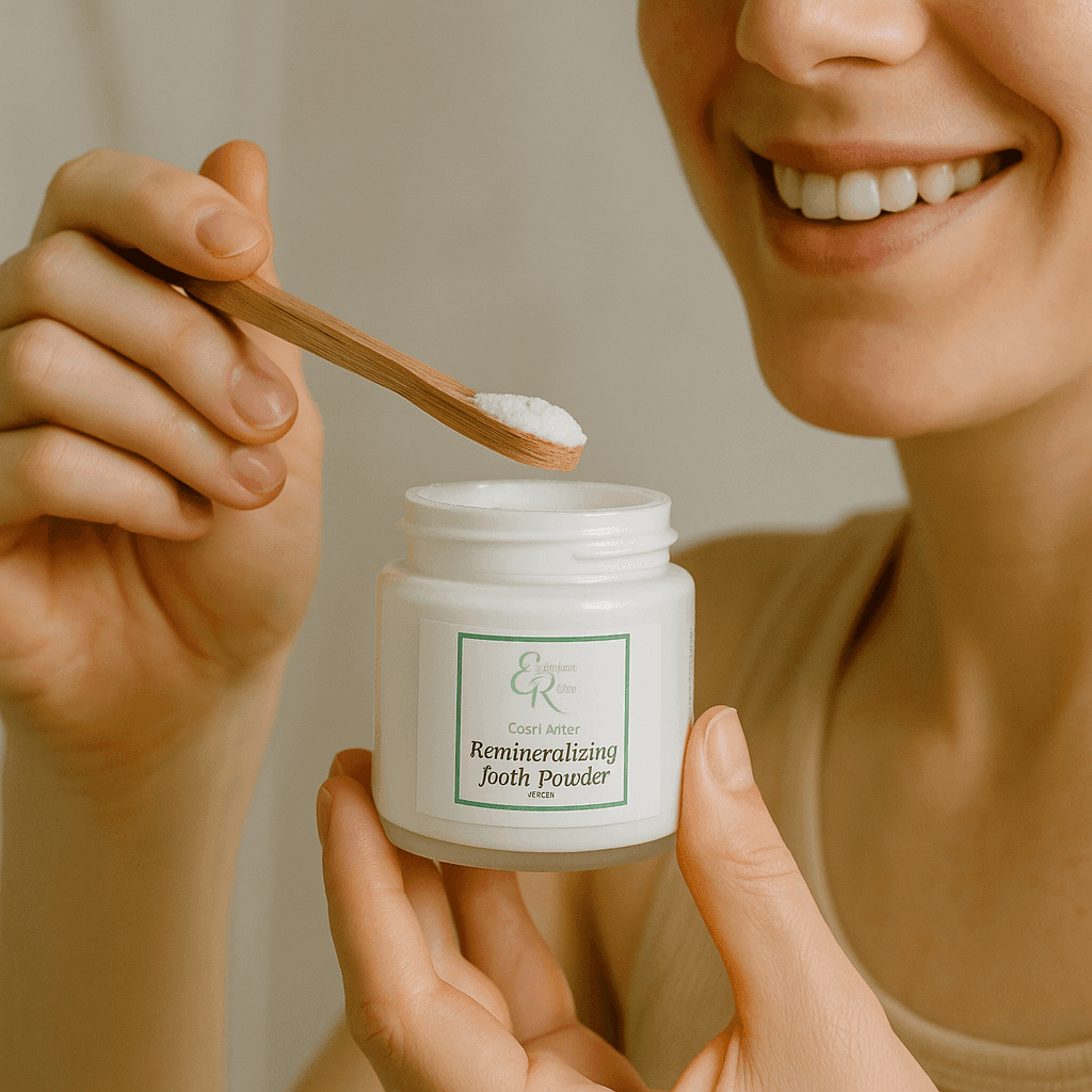 Woman using organic remineralizing tooth powder – safe natural oral care from ecobeaut.com
