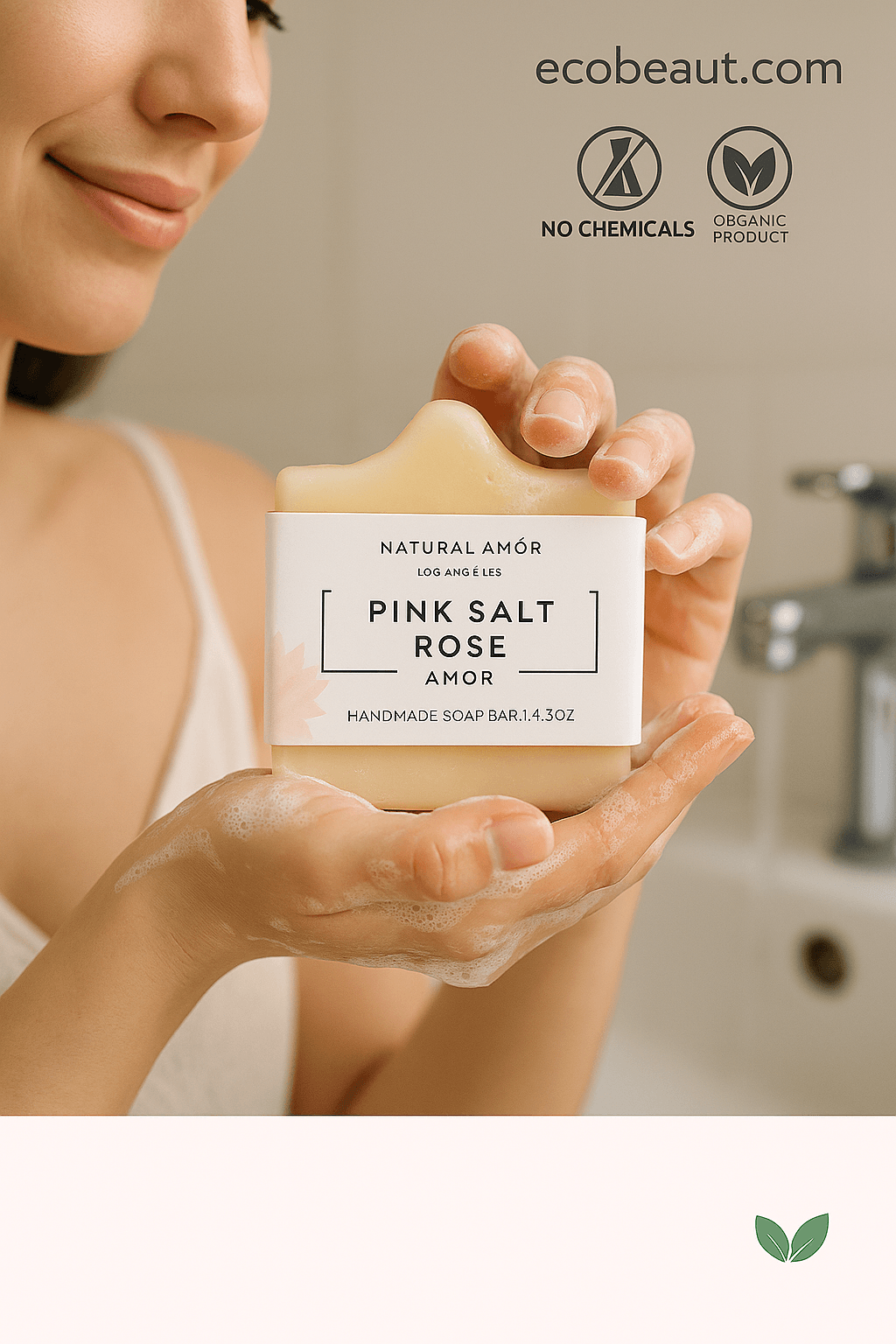 Woman washing hands with Pink Salt Rose handmade soap by Natural Amor, showing product use with foamy lather, ecobeaut.com label and “NO CHEMICALS” / “ORGANIC PRODUCT” icons in the upper right corner.
