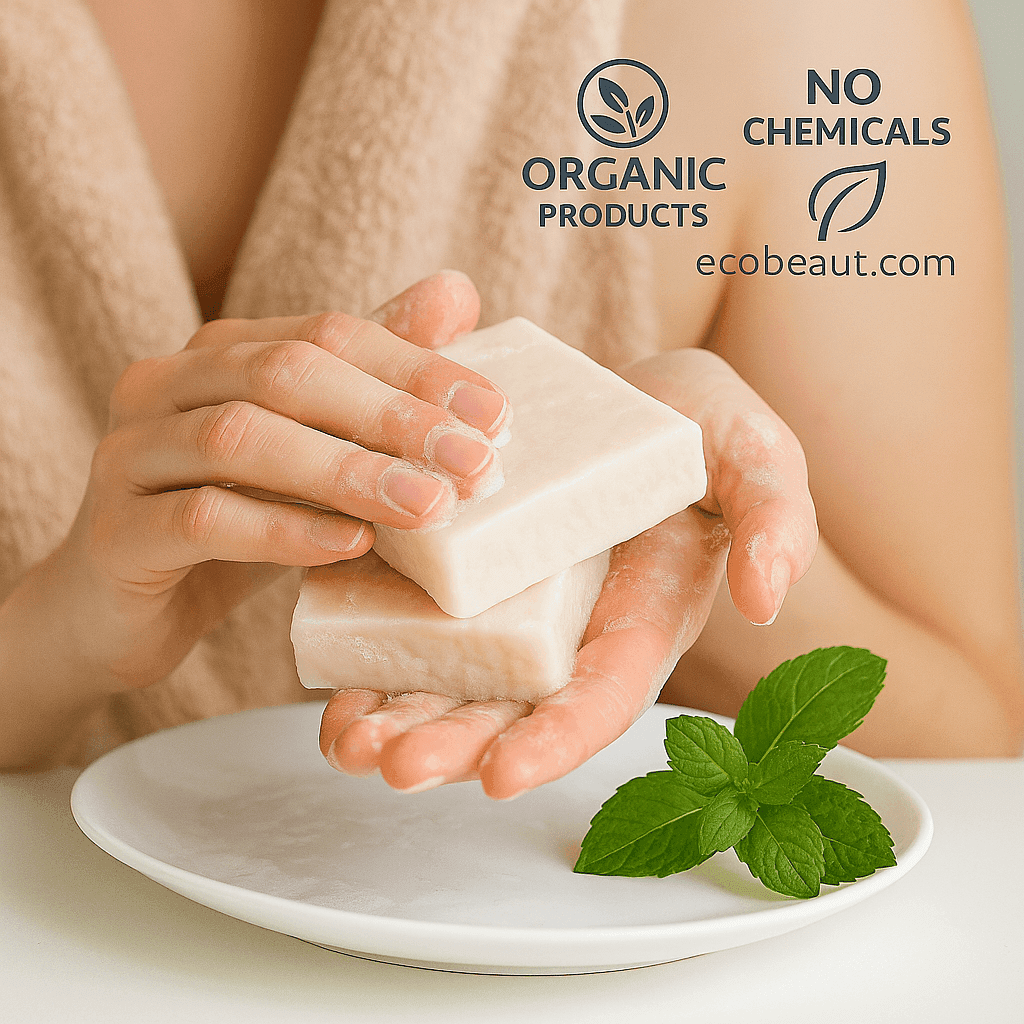 Woman washing hands with organic soap from ecobeaut.com, holding two off-white bars over a white plate with mint leaves, featuring “NO CHEMICALS” and “ORGANIC PRODUCTS” icons in the top right corner.