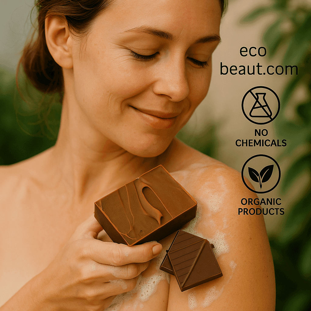 Woman washing her shoulder with chocolate soap from ecobeaut.com, smiling softly with “NO CHEMICALS” and “ORGANIC PRODUCTS” icons in the top right corner.