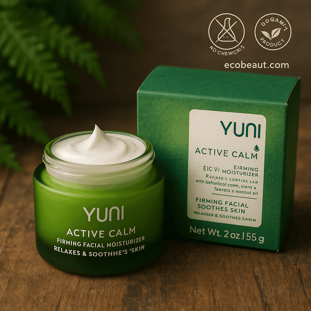 YUNI Active Calm Firming Facial Moisturizer with packaging displayed on a wooden surface surrounded by green leaves, labeled no chemicals and organic products with ecobeaut.com in the top right corner