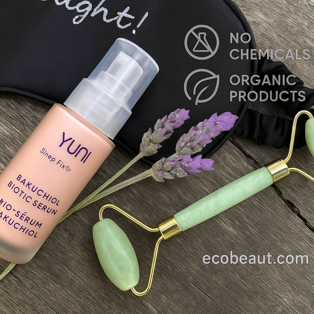 YUNI Bakuchiol Biotic Serum with lavender sprigs, jade roller, and sleep mask on wooden background – natural nighttime skincare flatlay from ecobeaut.com.