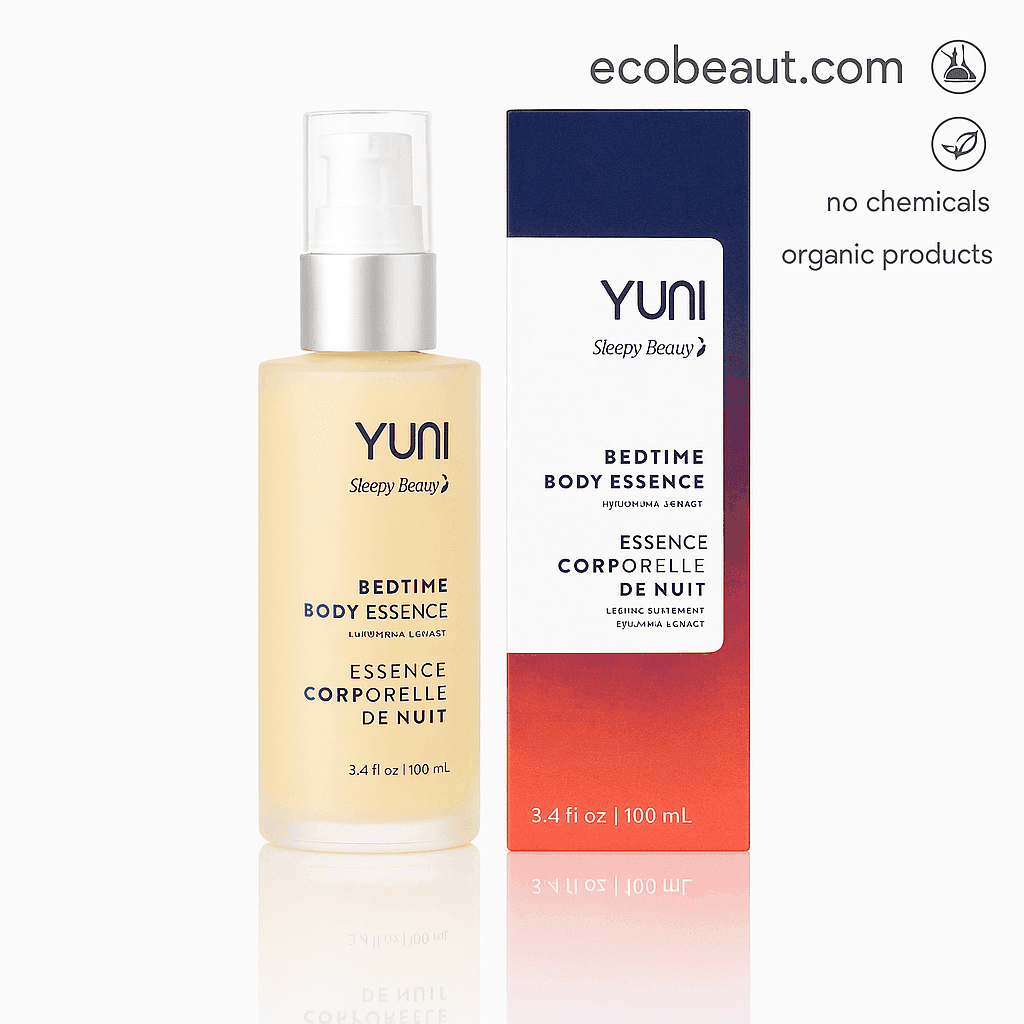 YUNI Bedtime Body Essence with packaging box on clean white background, featuring ecobeaut.com, no chemicals, organic products – calming nighttime body essence USA