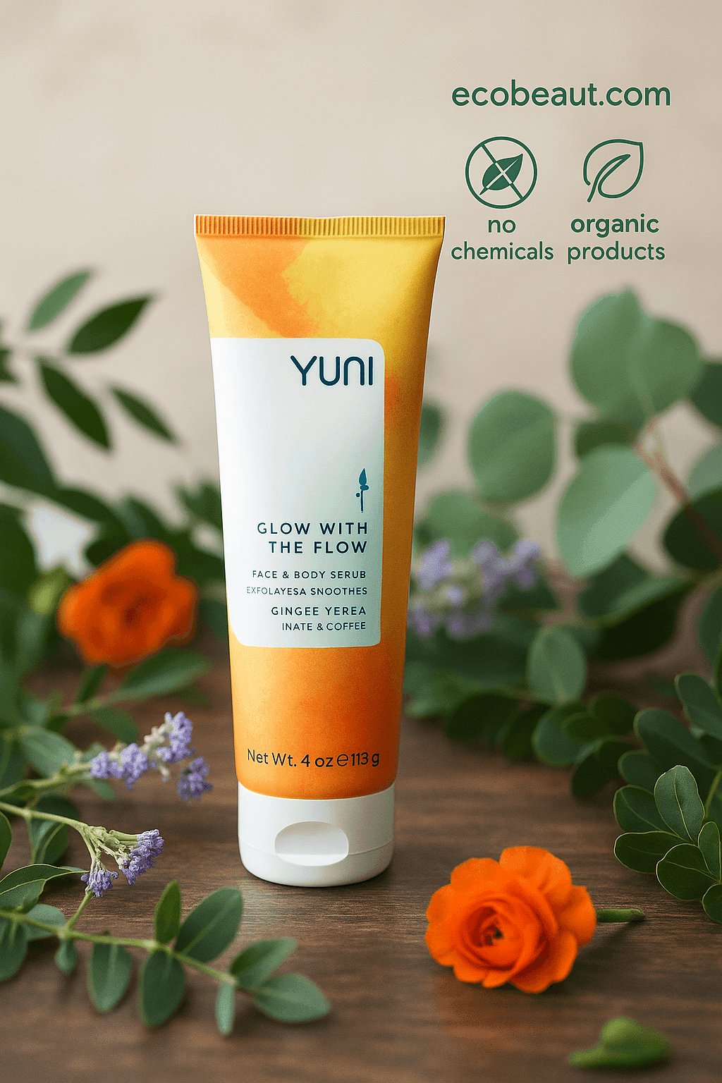 YUNI Glow With The Flow Face & Body Scrub tube placed upright on a wooden surface, surrounded by orange roses and green leaves, with "no chemicals", "organic products" icons and ecobeaut.com in the top right corner