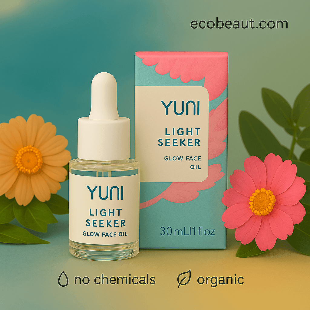 "YUNI Light Seeker Glow Face Oil bottle close-up on a soft beige background with ecobeaut.com in the top right corner and icons no chemicals, organic products at the bottom