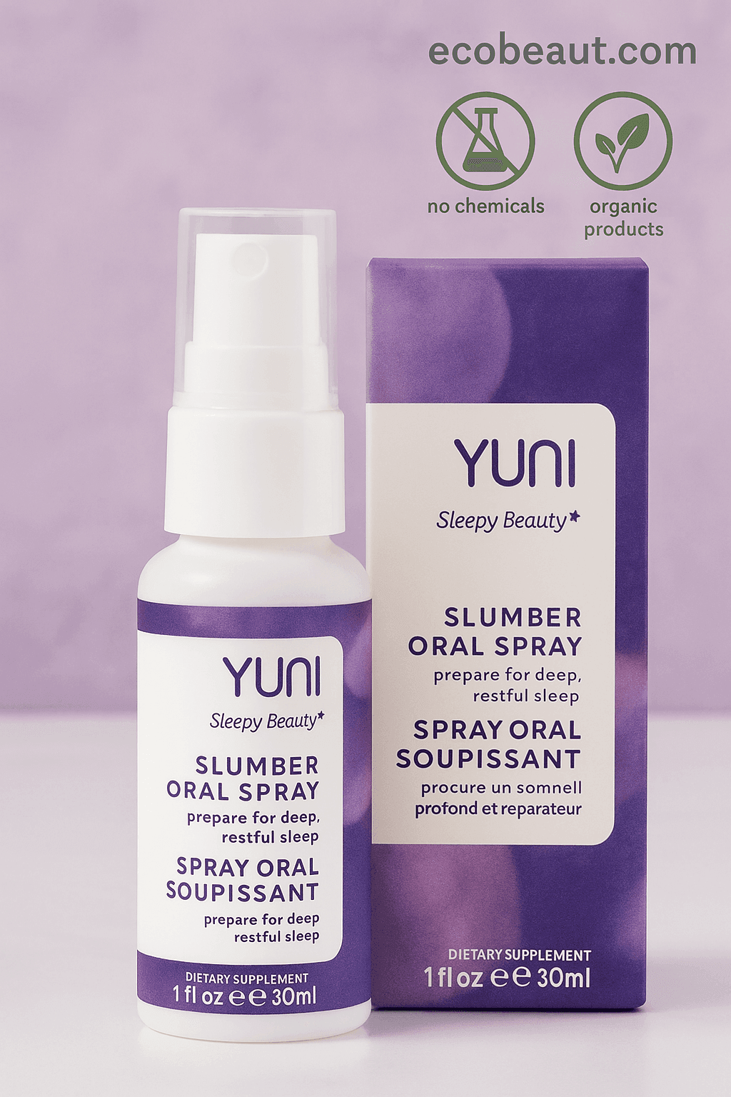 YUNI Sleepy Beauty Slumber Oral Spray product image with packaging - natural sleep aid, organic ingredients, no chemicals, ecobeaut.com