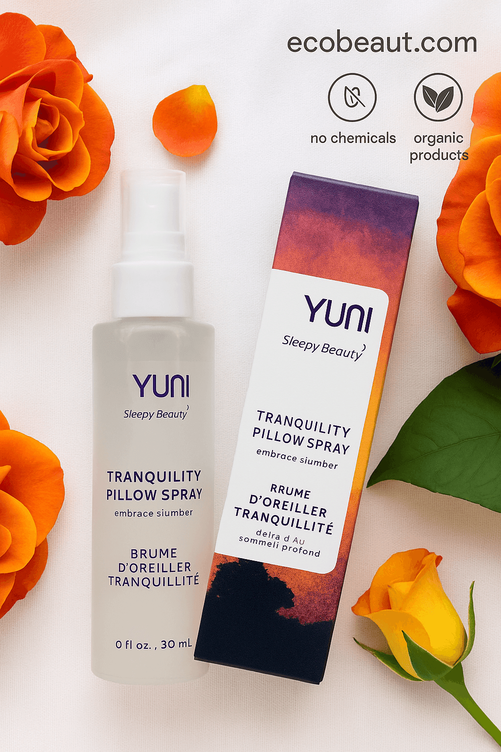 YUNI Sleepy Beauty Tranquility Pillow Spray with floral background and colorful packaging, labeled ecobeaut.com, no chemicals, organic products – natural sleep mist USA