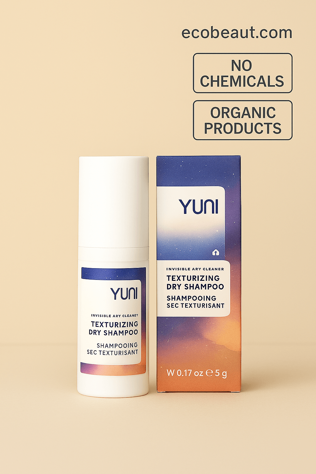 YUNI dry shampoo and box on beige background with ecobeaut.com, No Chemicals, Organic Products labels.