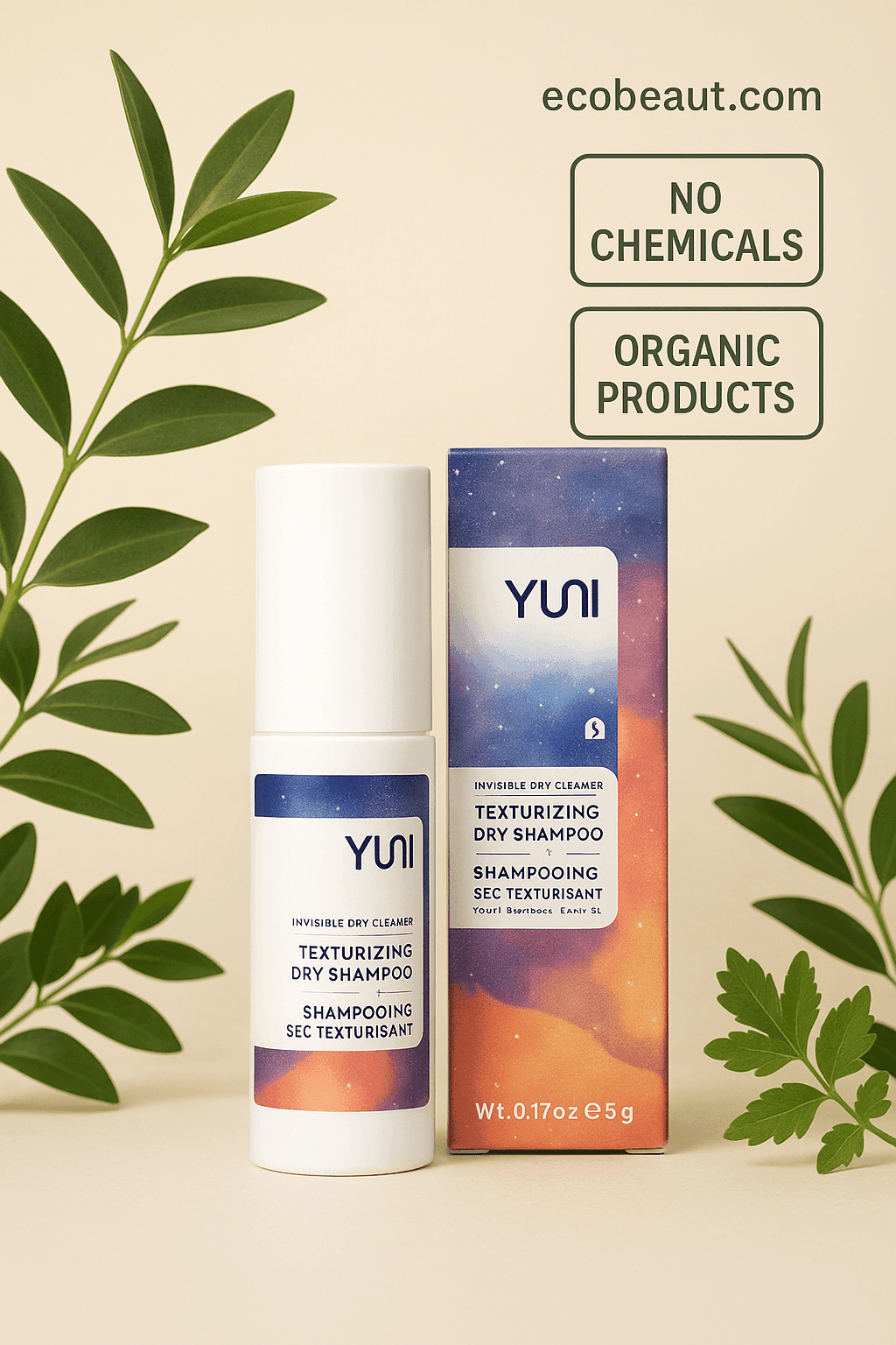 YUNI dry shampoo with box, surrounded by greenery, and eco-labels: ecobeaut.com, No Chemicals, Organic Products.