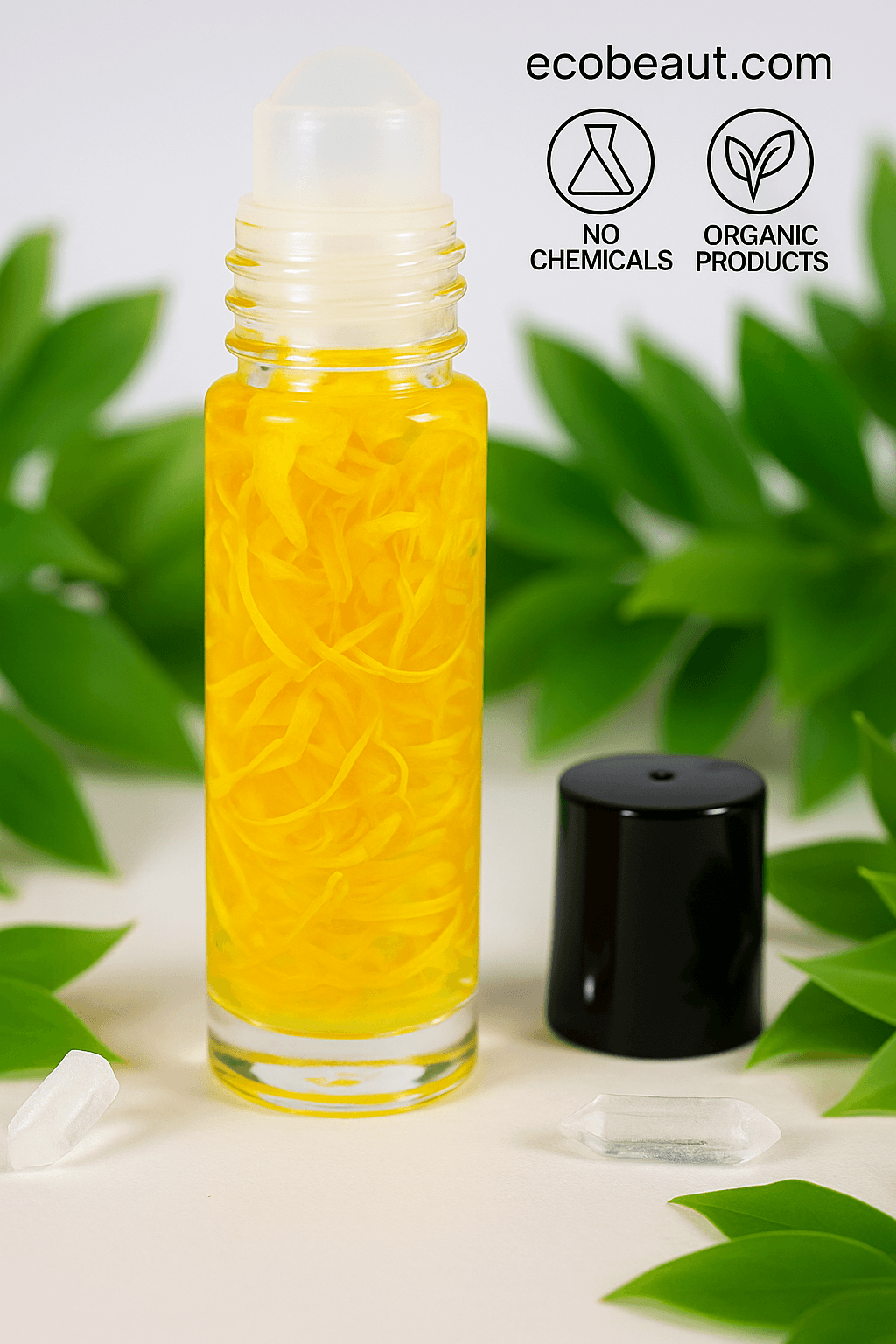 "Yellow botanical roll-on oil bottle surrounded by green leaves and crystals, with black eco labels and ecobeaut.com branding in the top right corner."