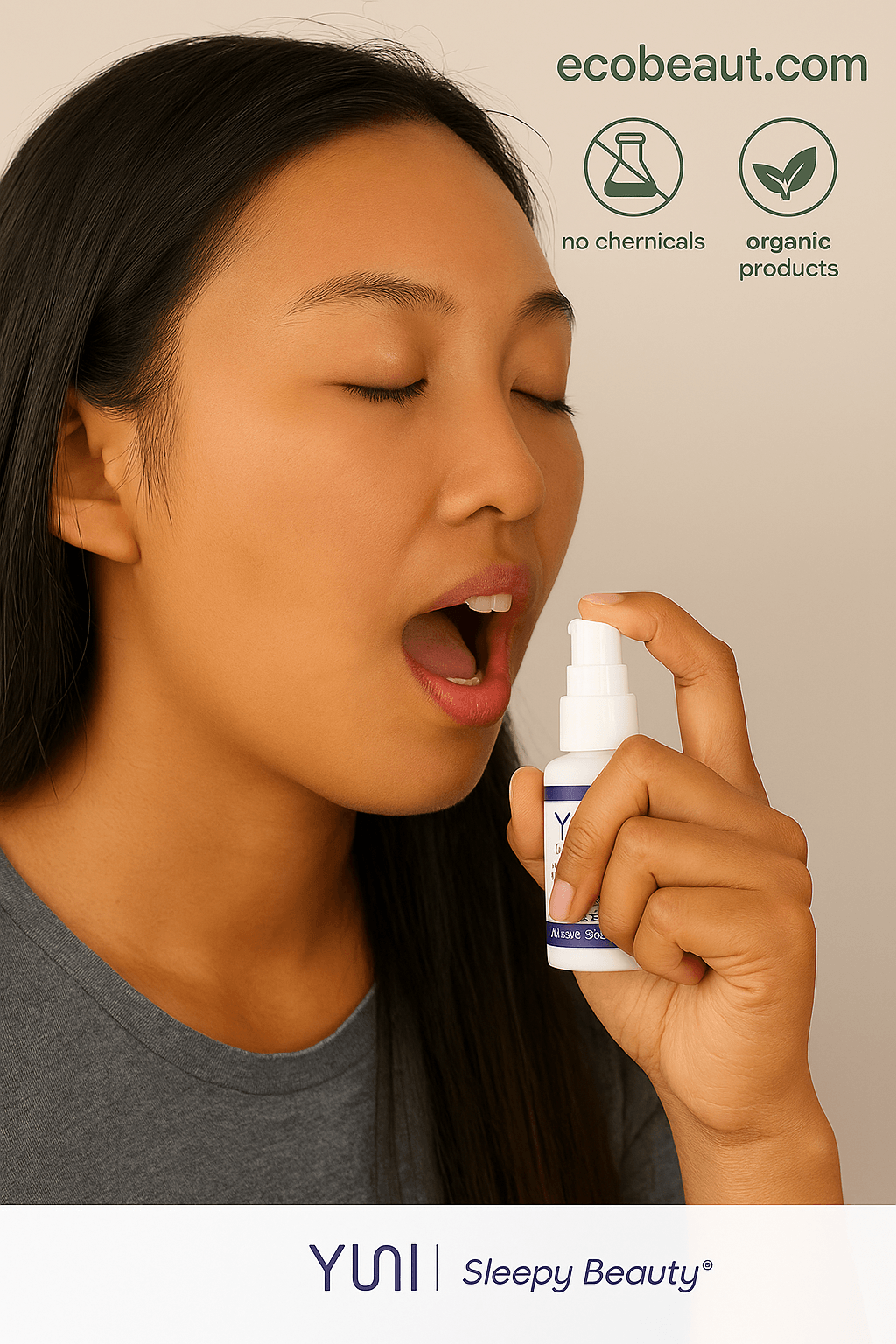 Young Asian woman using YUNI Sleepy Beauty Slumber Oral Spray for restful sleep - eco-friendly lifestyle with organic formula from ecobeaut.com