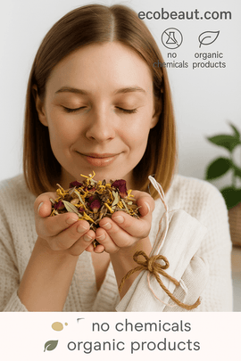 Young Caucasian woman using organic smudge kit with white sage and selenite wand – no chemicals, organic products – ecobeaut.com