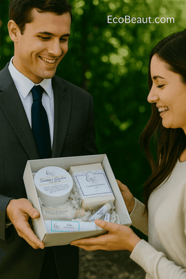 Young man in suit presenting EcoBeaut.com organic skincare gift set to smiling woman outdoors, luxury eco-friendly gift box with Summer Garden sugar scrub and Lavender Mint Splash soap