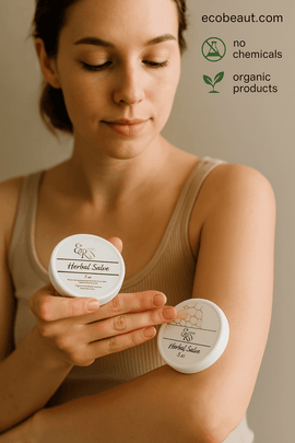 Young woman applying Elegant Rose Herbal Salve to elbow – organic all-purpose balm for skin relief, ecobeaut.com, no chemicals, organic products