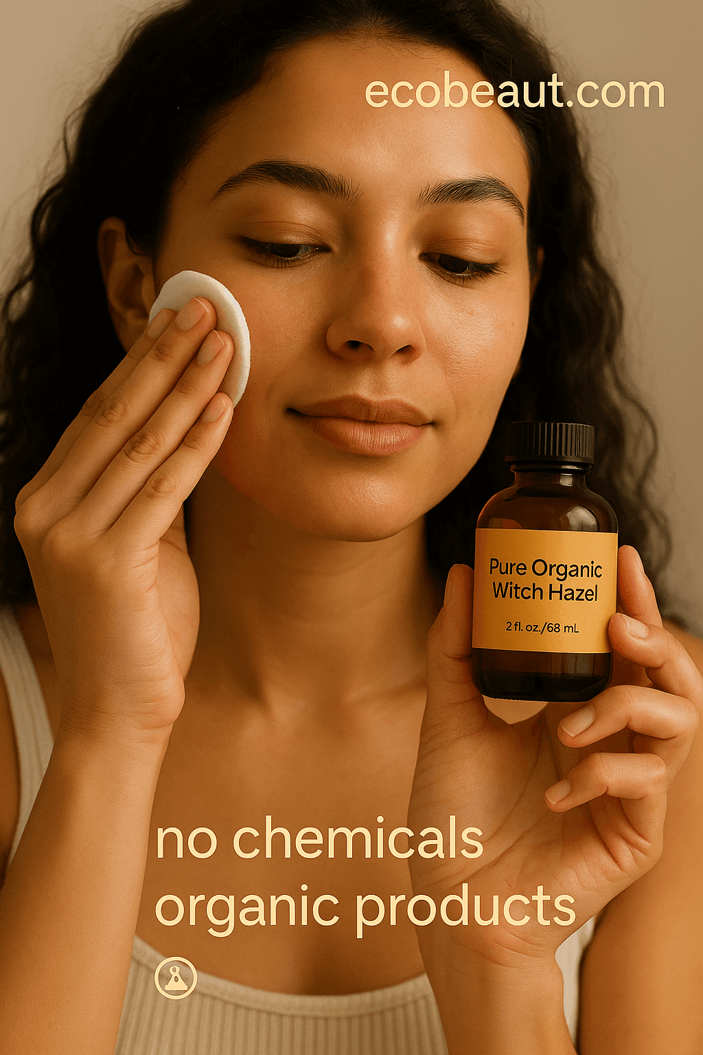 Young woman applying Pure Organic Witch Hazel to her face with a cotton pad, holding the product bottle; green foliage added for a natural feel, with “ecobeaut.com” in the top right and “no chemicals, organic products” at the bottom.