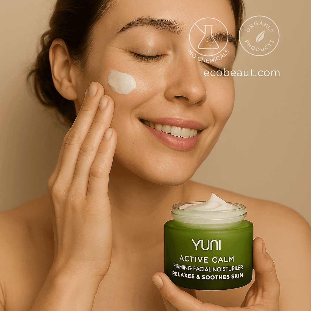 Young woman applying YUNI Active Calm Firming Facial Moisturizer to her cheek while holding the jar, with no chemicals and organic products icons and ecobeaut.com shown in the top right corner