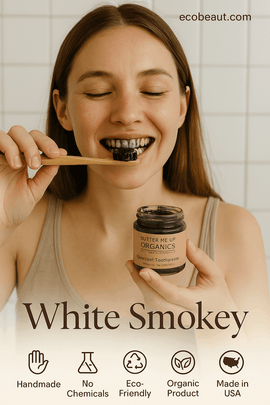 Young woman brushing teeth with Butter Me Up Organics Charcoal Toothpaste – Natural whitening, organic, chemical-free toothpaste – ecobeaut.com