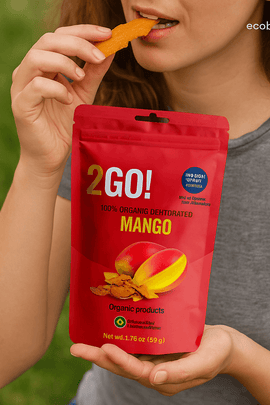Young woman enjoying 2GO! Organic Dried Mango snack with no chemicals and organic product labels, ecobeaut.com branding in corner