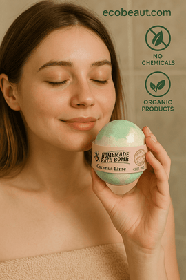 Young woman holding Coconut Lime bath bomb close to her face with closed eyes, labeled 'No Chemicals' and 'Organic Products' – ecobeaut.com