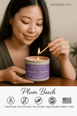 Young woman lighting Lavender Chamomile candle by Plum Beech – all-natural, cruelty-free, eco-conscious candle with clean design and icons – ecobeaut.com