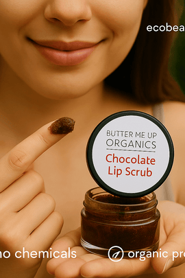 Woman holding a jar of Butter Me Up Organics Chocolate Lip Scrub with visible branding and product details.