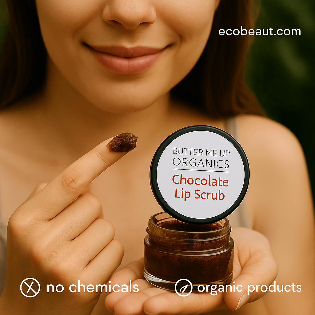 Young woman smiling and applying Butter Me Up Organics Chocolate Lip Scrub with her finger, holding the glass jar in her hand; eco-friendly message with "no chemicals" and "organic products" icons at the bottom, and ecobeaut.com in the top right corner