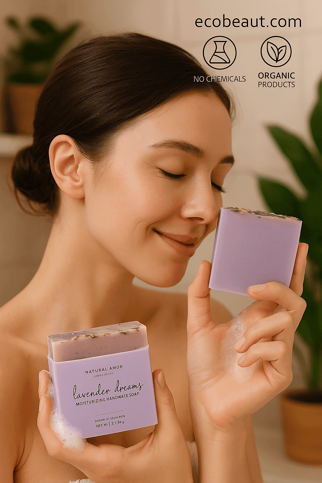 Young woman smiling in a bathroom while holding Lavender Dreams soap from Natural Amor, with ecobeaut.com, “NO CHEMICALS,” and “ORGANIC PRODUCTS” icons in the top right corner.