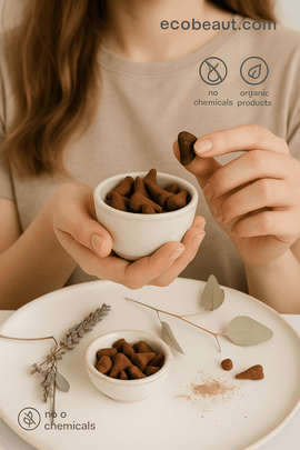 Young woman using Organic Sitz Tea in a calming ritual – eco-friendly postpartum herbal soak with ecobeaut.com branding