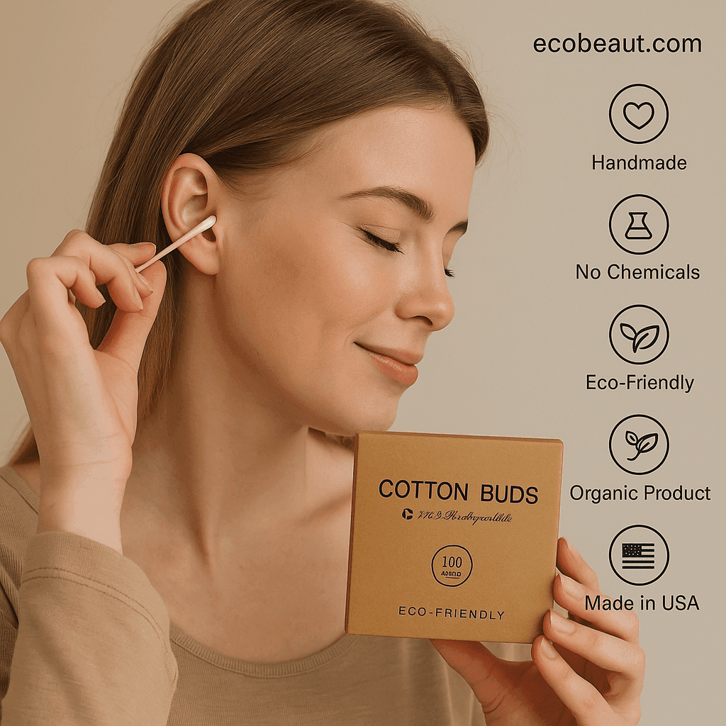 Young woman using eco-friendly cotton buds for personal care – sustainable grooming with organic product from ecobeaut.com