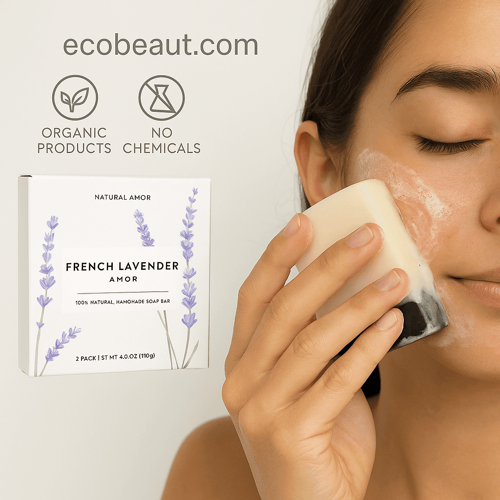 Young woman washing her face with French Lavender Amor handmade soap bar, with visible lather, packaging on the left, and ecobeaut.com, “ORGANIC PRODUCTS,” and “NO CHEMICALS” icons in the top center.